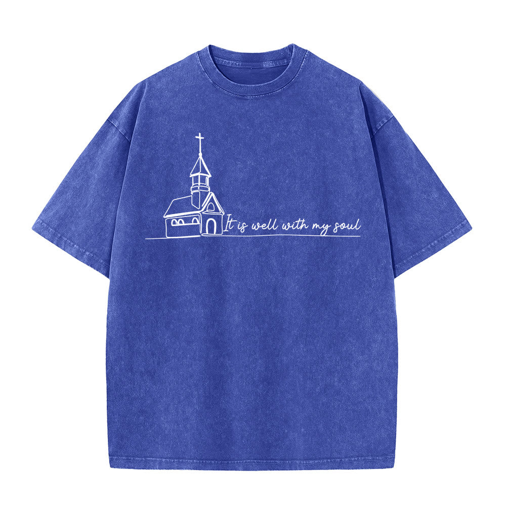 Christianartworkshop It Is Well With My Soul Church Sketch Line Art T-shirt unisex lavata - Blu - 5XL - image 12