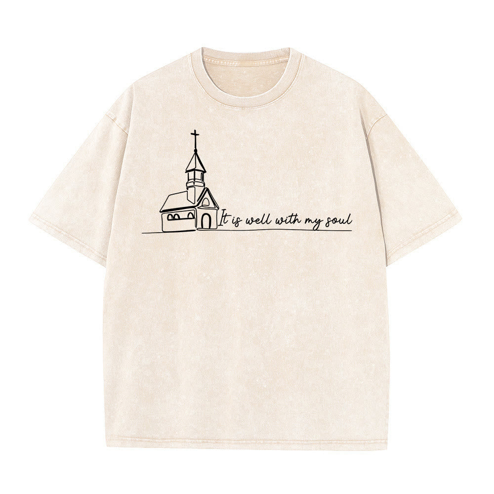Christianartworkshop It Is Well With My Soul Church Sketch Line Art T-shirt unisex lavata - Beige - 5XL - image 9