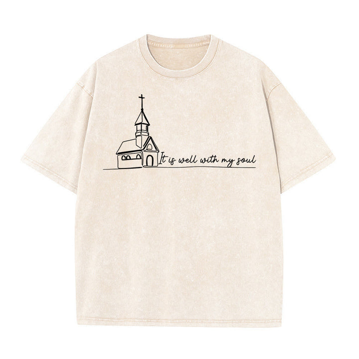 Christianartworkshop It Is Well With My Soul Church Sketch Line Art T-shirt unisex lavata - Beige - 5XL - image 9