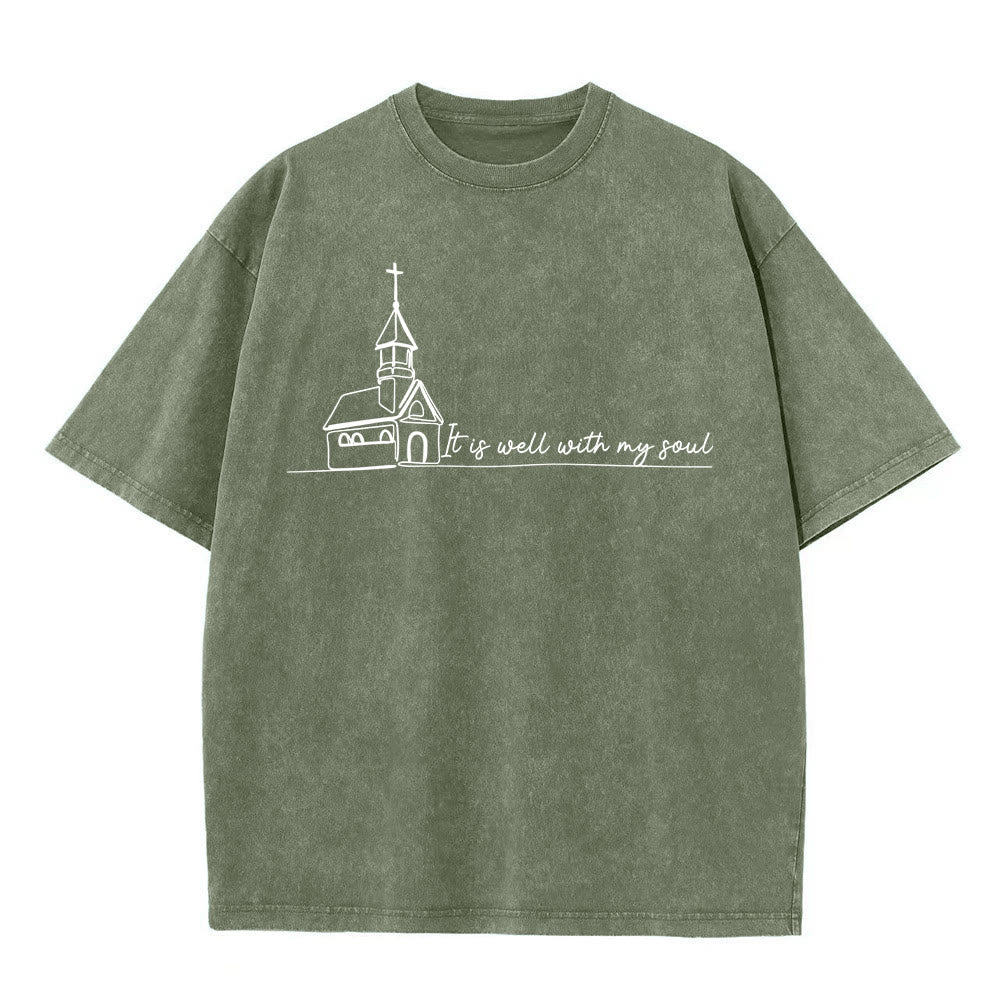 Christianartworkshop It Is Well With My Soul Church Sketch Line Art T-shirt unisex lavata - Verde militare - 5XL - image 6