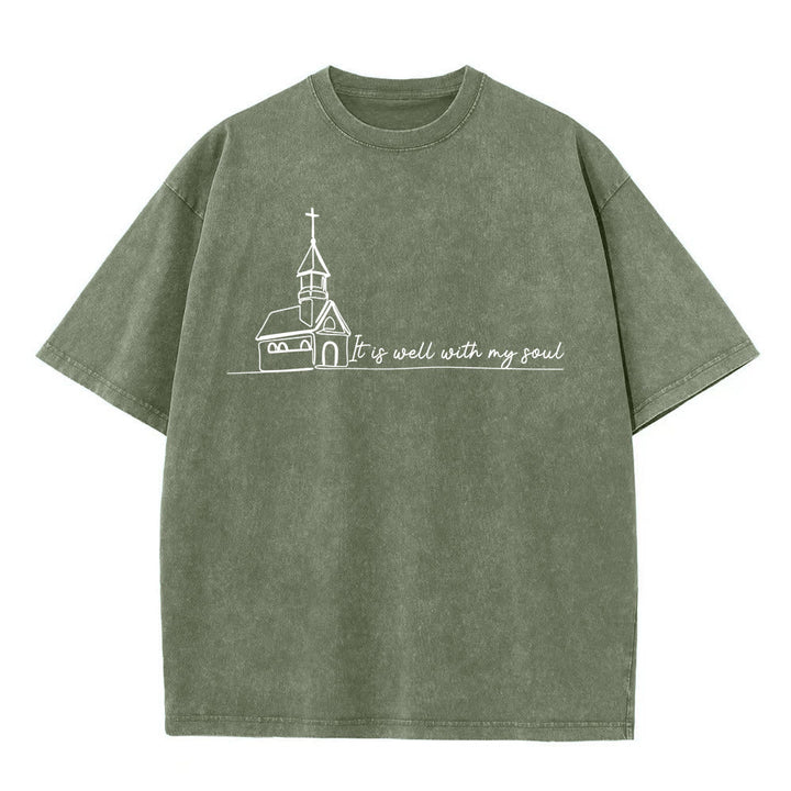 Christianartworkshop It Is Well With My Soul Church Sketch Line Art T-shirt unisex lavata - Verde militare - 5XL - image 6