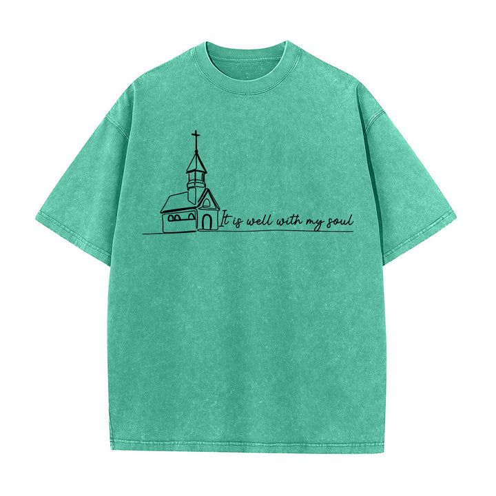 Christianartworkshop It Is Well With My Soul Church Sketch Line Art T-shirt unisex lavata - Verde - 5XL - image 7