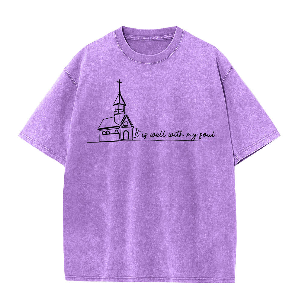 Christianartworkshop It Is Well With My Soul Church Sketch Line Art T-shirt unisex lavata - Viola - 5XL - image 11