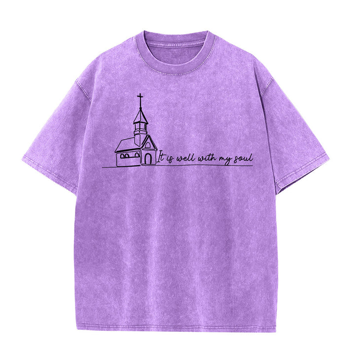 Christianartworkshop It Is Well With My Soul Church Sketch Line Art T-shirt unisex lavata - Viola - 5XL - image 11