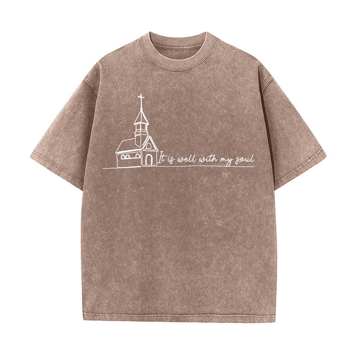 Christianartworkshop It Is Well With My Soul Church Sketch Line Art T-shirt unisex lavata - Marrone - 5XL - image 8