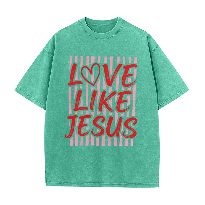 Christianartworkshop T-shirt unisex lavata con scritta "Love Like Jesus" e motivo a cuore e righe. - Verde - 5XL - image 9