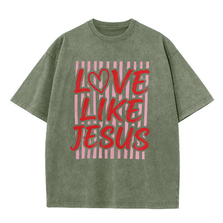 Christianartworkshop T-shirt unisex lavata con scritta "Love Like Jesus" e motivo a cuore e righe. - Verde militare - 5XL - image 8