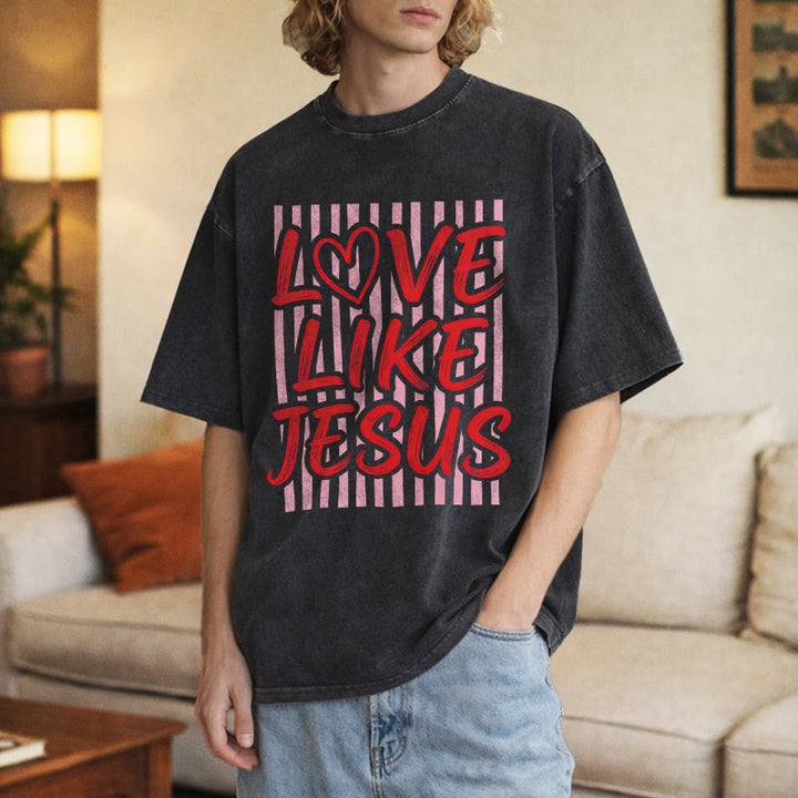 Christianartworkshop T-shirt unisex lavata con scritta "Love Like Jesus" e motivo a cuore e righe. - image 6