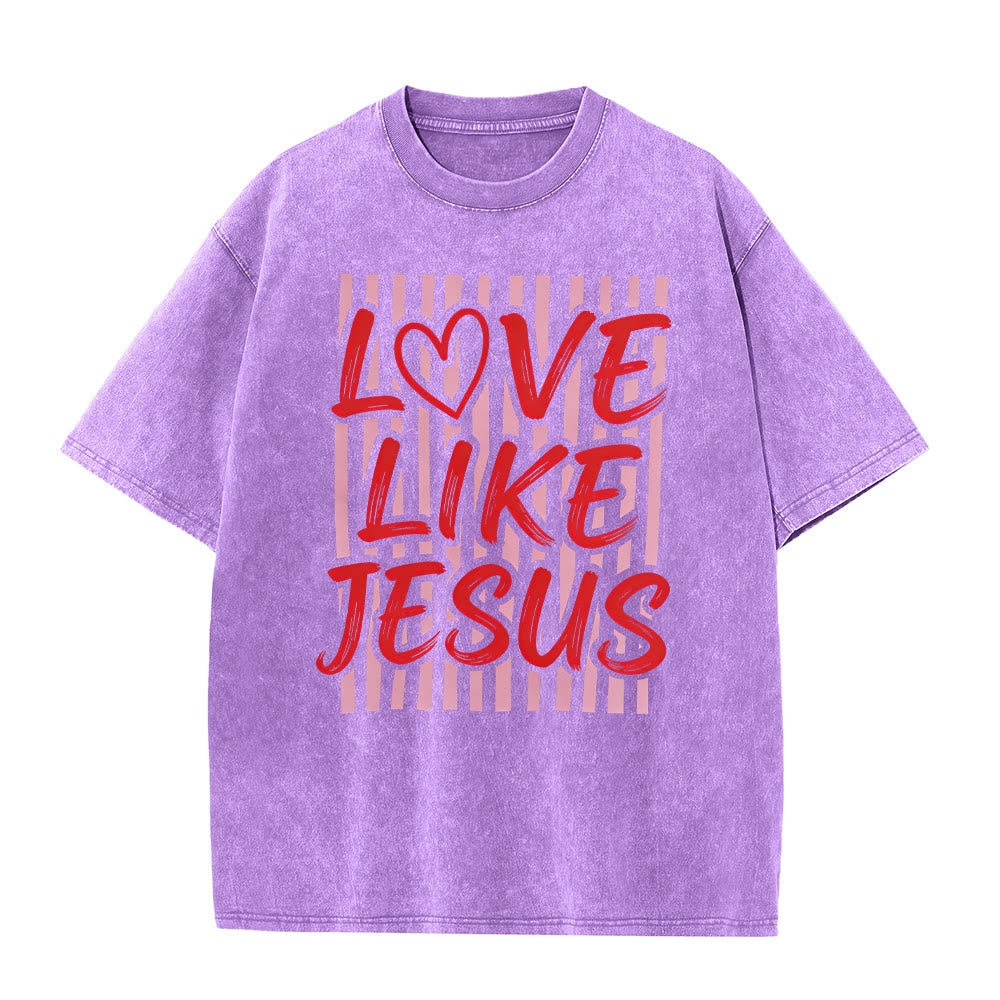 Christianartworkshop T-shirt unisex lavata con scritta "Love Like Jesus" e motivo a cuore e righe. - Viola - 5XL - image 0