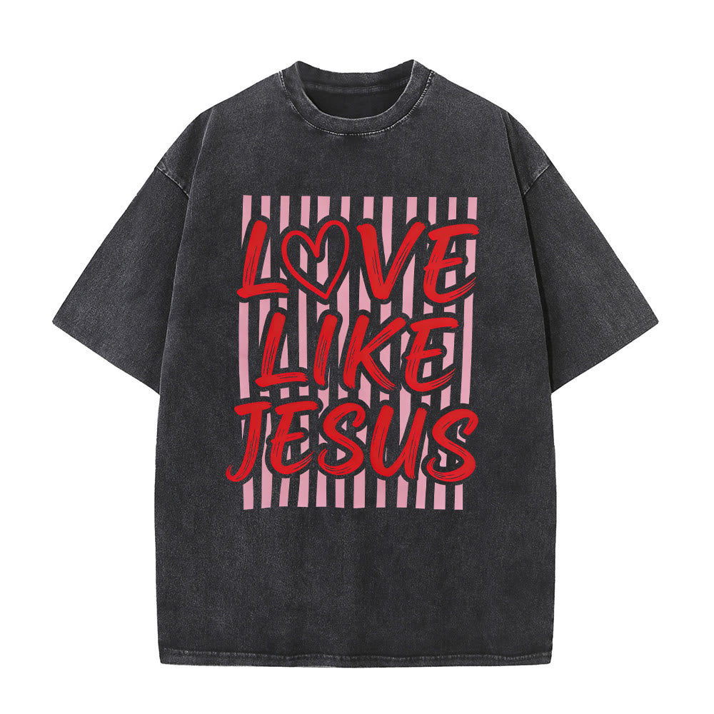 Christianartworkshop T-shirt unisex lavata con scritta "Love Like Jesus" e motivo a cuore e righe. - Nero - 5XL - image 3
