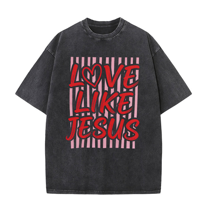 Christianartworkshop T-shirt unisex lavata con scritta "Love Like Jesus" e motivo a cuore e righe. - Nero - 5XL - image 3
