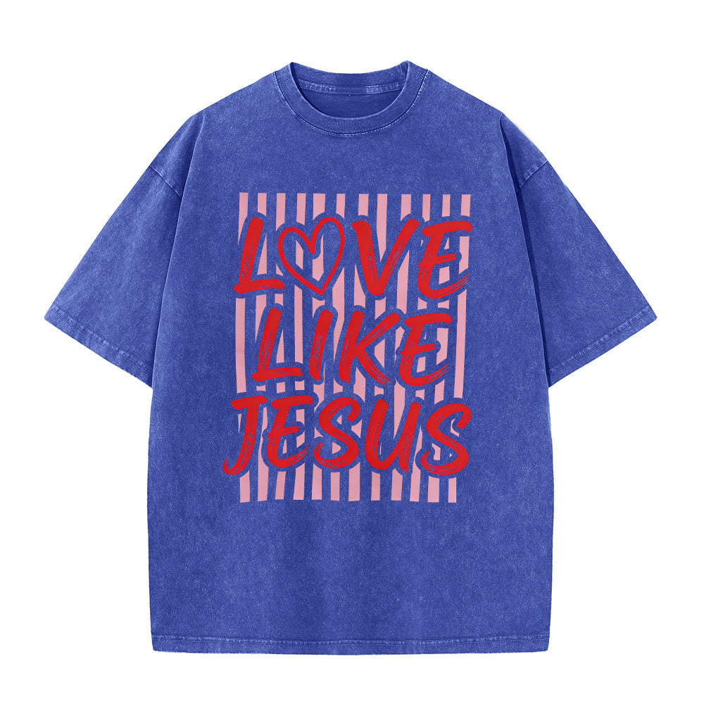 Christianartworkshop T-shirt unisex lavata con scritta "Love Like Jesus" e motivo a cuore e righe. - Blu - 5XL - image 1