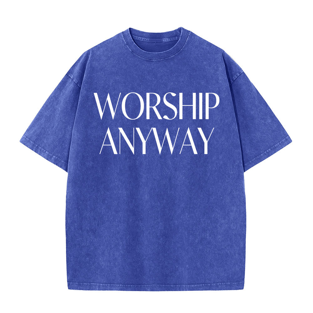 Christianartworkshop T-shirt unisex lavata con scritta "Worship Anyway" in grassetto e con grazie. - Blu - 5XL - image 2