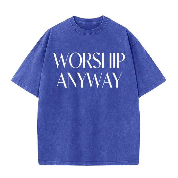 Christianartworkshop T-shirt unisex lavata con scritta "Worship Anyway" in grassetto e con grazie. - Blu - 5XL - image 2