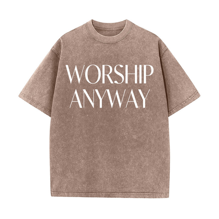 Christianartworkshop T-shirt unisex lavata con scritta "Worship Anyway" in grassetto e con grazie. - Marrone - 5XL - image 11