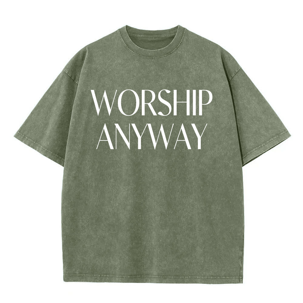 Christianartworkshop T-shirt unisex lavata con scritta "Worship Anyway" in grassetto e con grazie. - Verde - 5XL - image 9