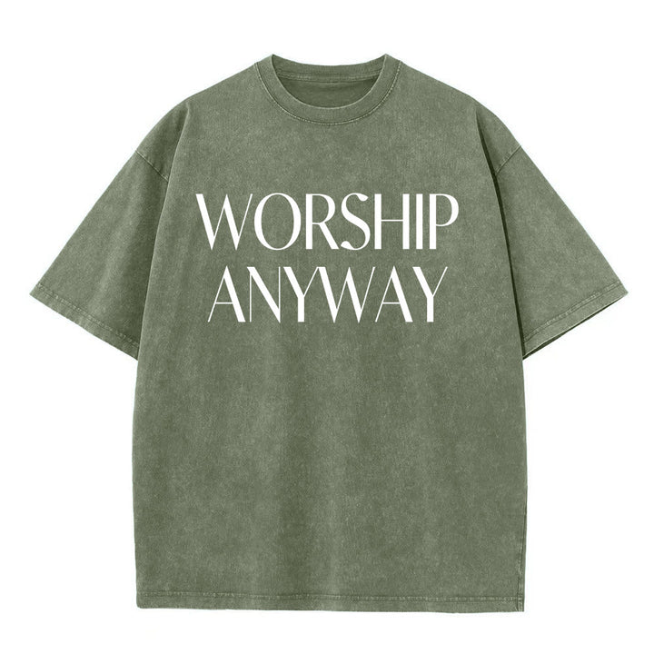 Christianartworkshop T-shirt unisex lavata con scritta "Worship Anyway" in grassetto e con grazie. - Verde - 5XL - image 9