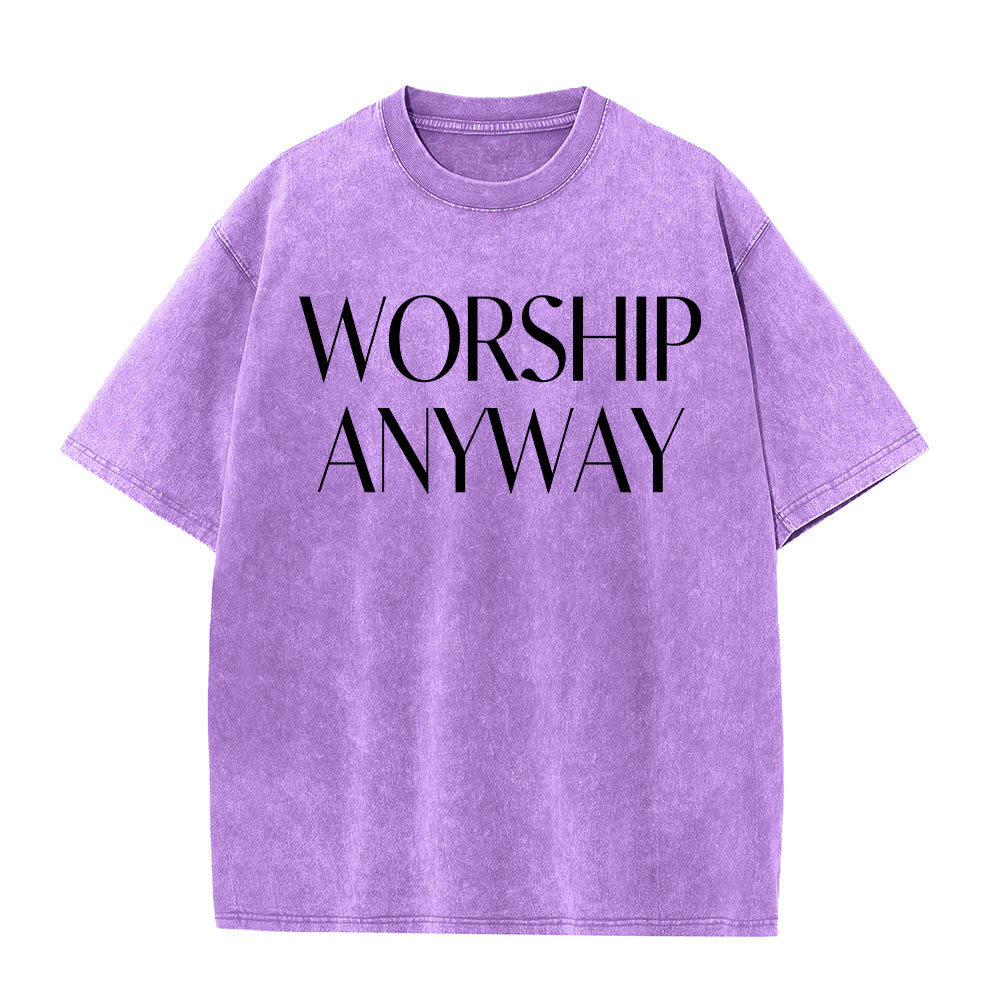 Christianartworkshop T-shirt unisex lavata con scritta "Worship Anyway" in grassetto e con grazie. - Viola - 5XL - image 1