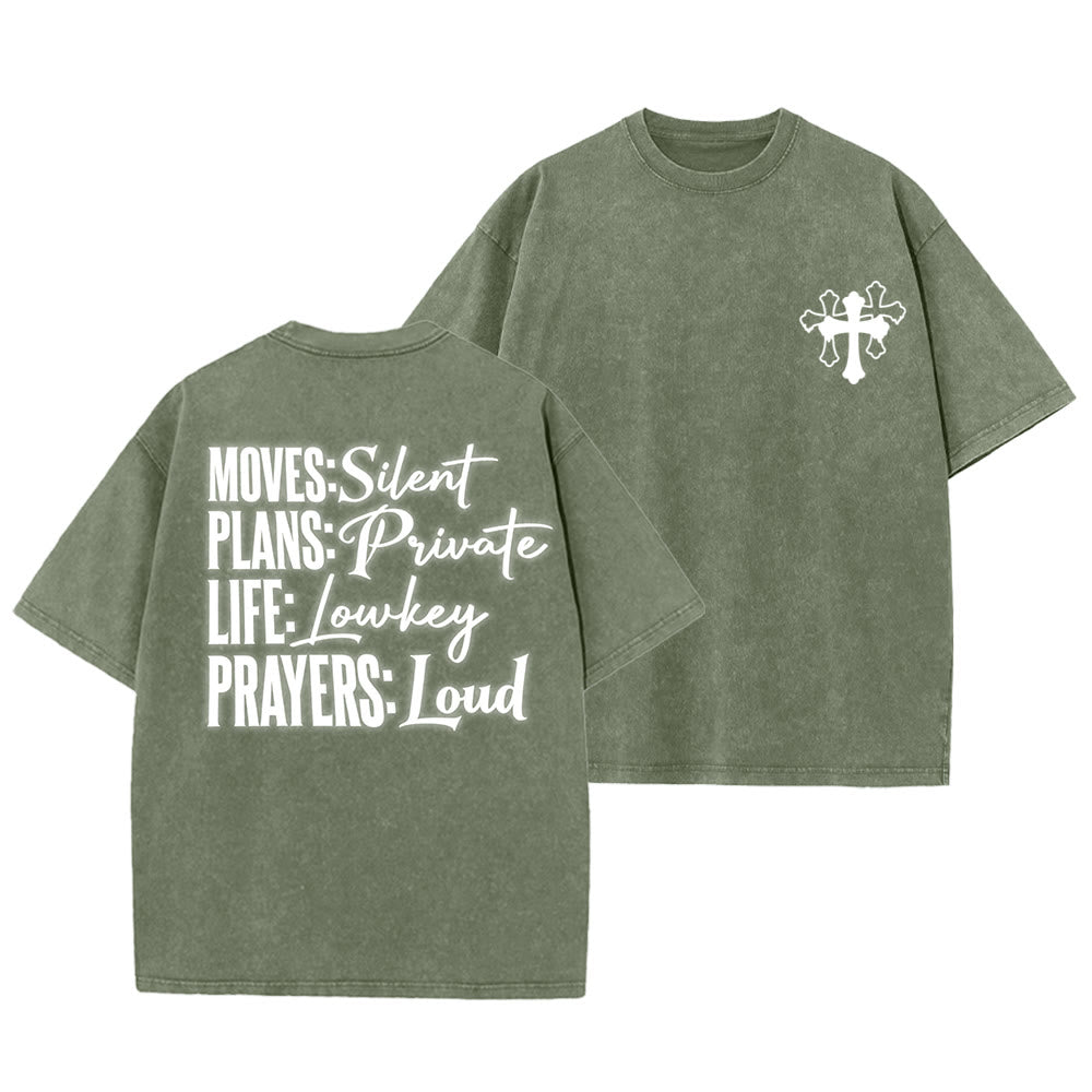 Christianartworkshop Moves Silent Prayers Loud Stylized Cross Mixed Lettering Unisex Washed T-shirt - Verde militare - 5XL - image 22