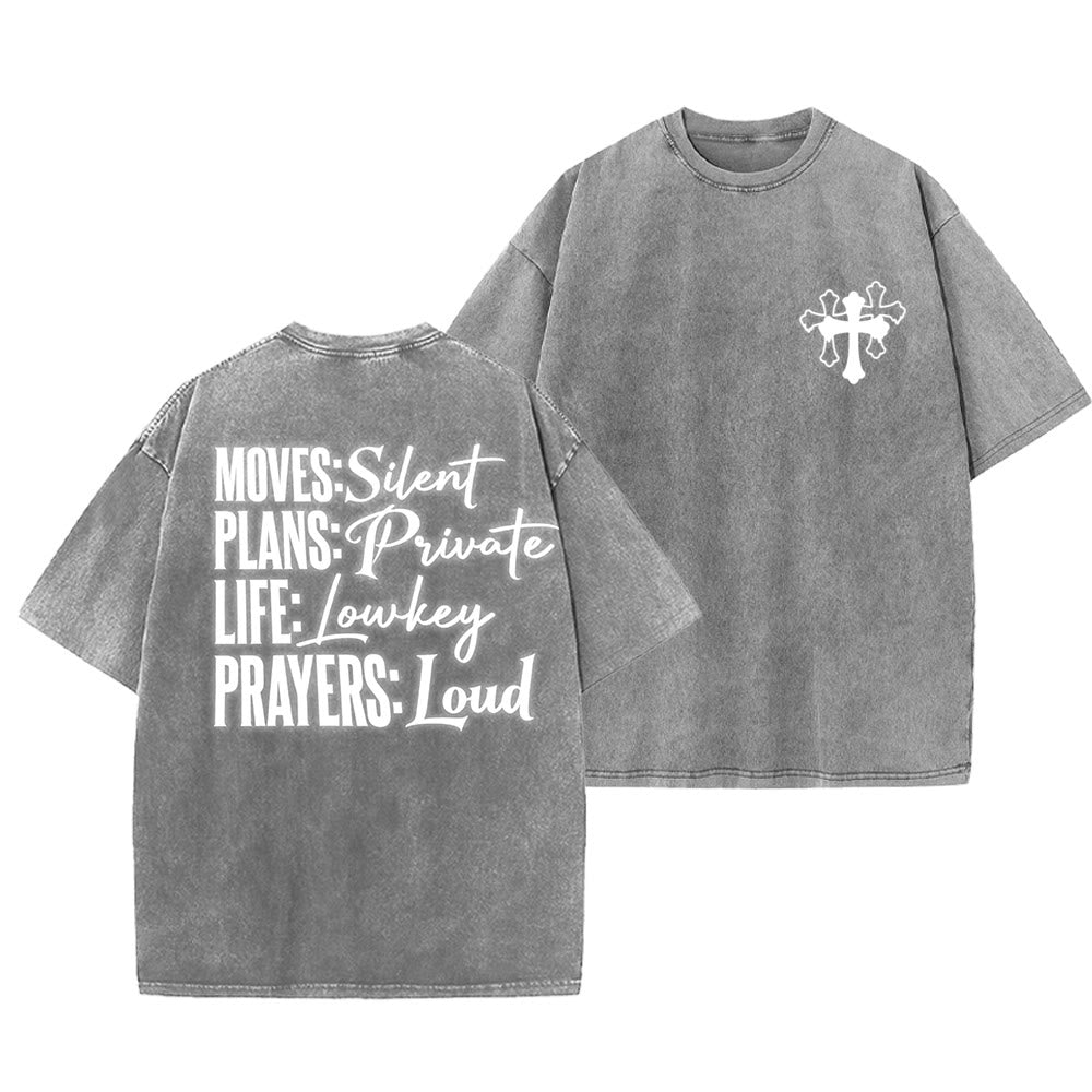 Christianartworkshop Moves Silent Prayers Loud Stylized Cross Mixed Lettering Unisex Washed T-shirt - Grigio - 5XL - image 12