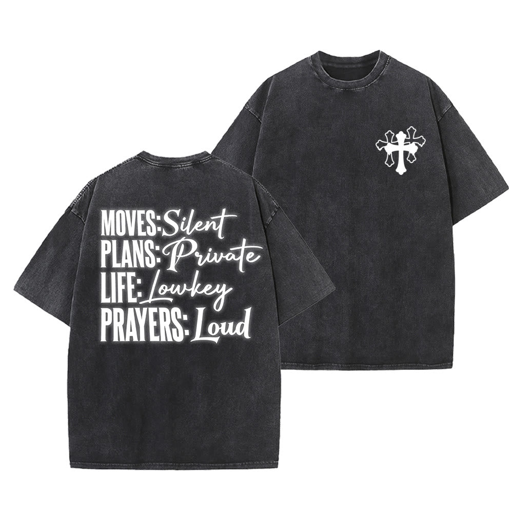 Christianartworkshop Moves Silent Prayers Loud Stylized Cross Mixed Lettering Unisex Washed T-shirt - Nero - 5XL - image 15