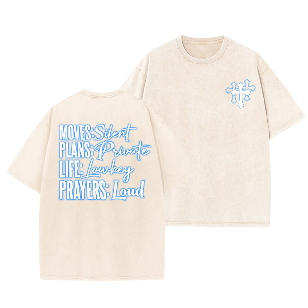 Christianartworkshop Moves Silent Prayers Loud Stylized Cross Mixed Lettering Unisex Washed T-shirt - Beige - 5XL - image 0