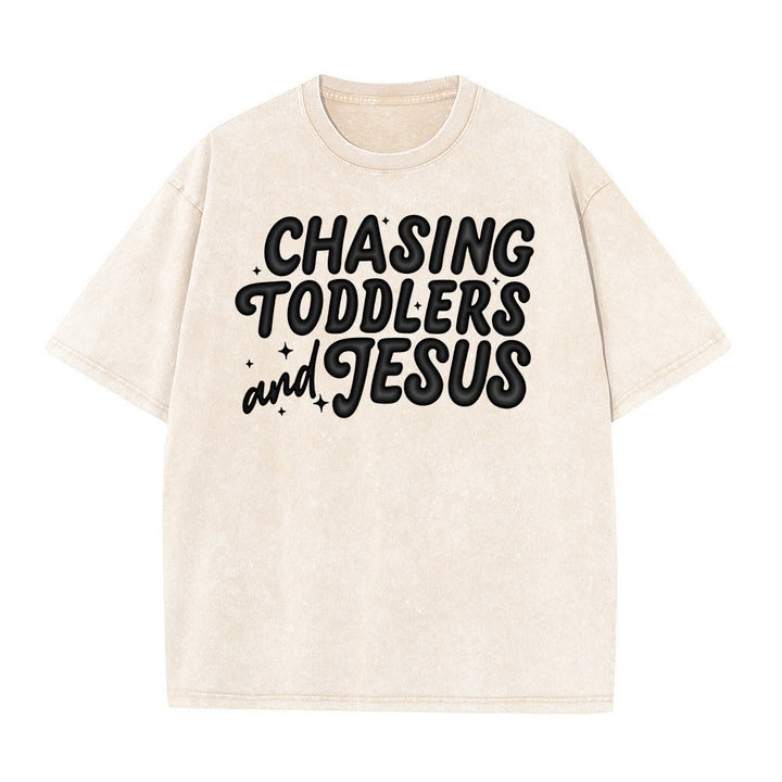 Christianartworkshop T-shirt unisex lavata con scritta "Chasing Toddlers and Jesus Bubble Letter Star Accent". - Beige - 5XL - image 1