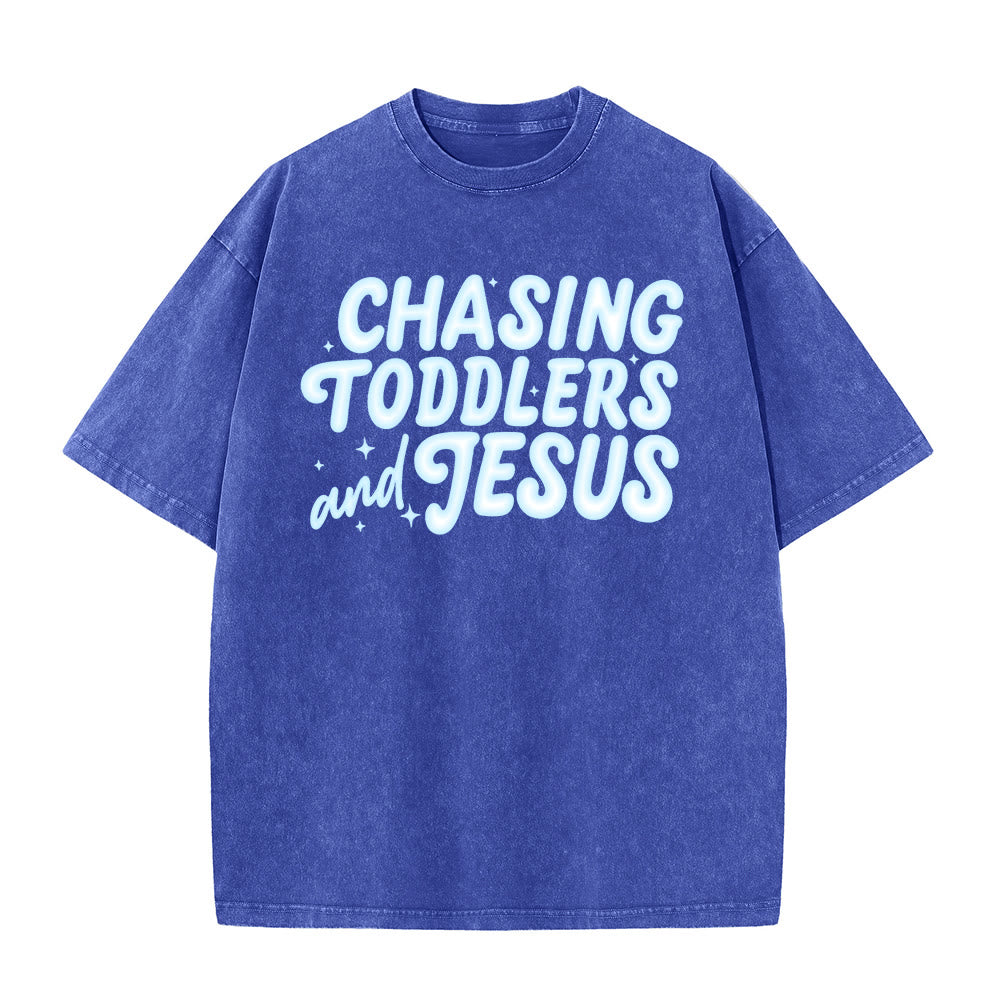 Christianartworkshop T-shirt unisex lavata con scritta "Chasing Toddlers and Jesus Bubble Letter Star Accent". - Blu - 5XL - image 4