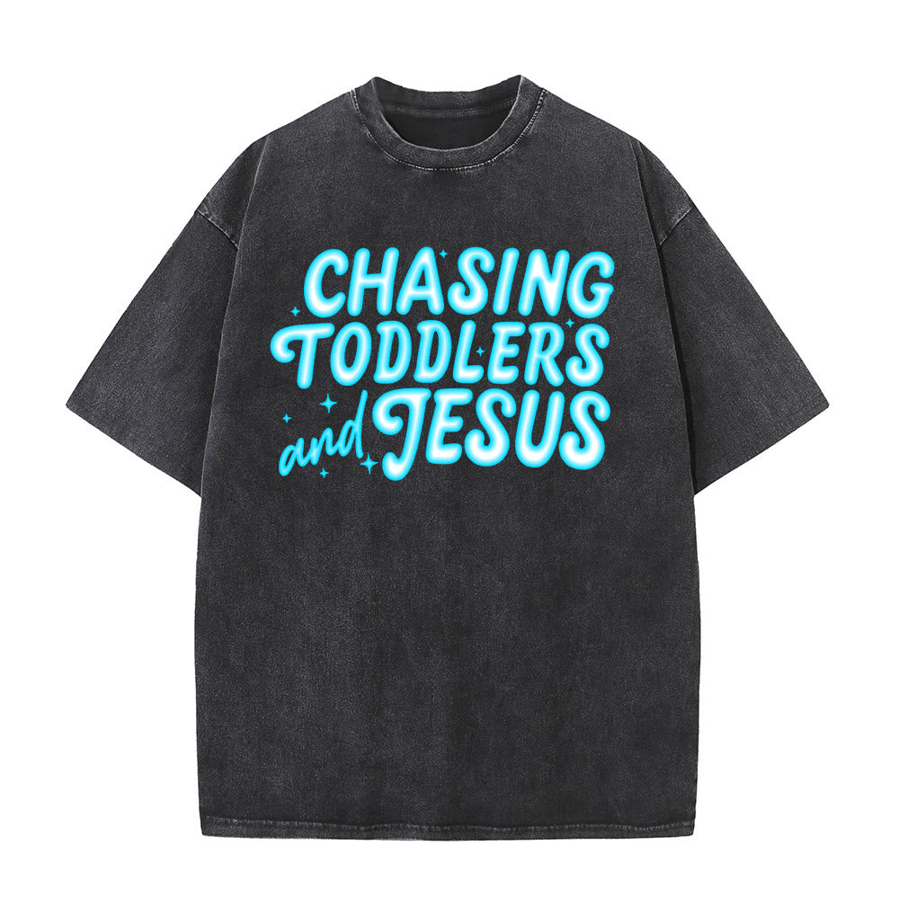 Christianartworkshop T-shirt unisex lavata con scritta "Chasing Toddlers and Jesus Bubble Letter Star Accent". - Nero - 5XL - image 6