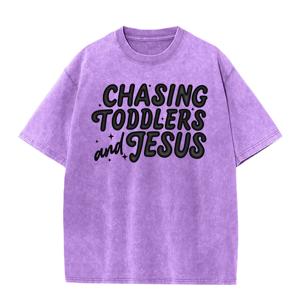 Christianartworkshop T-shirt unisex lavata con scritta "Chasing Toddlers and Jesus Bubble Letter Star Accent". - Viola - 5XL - image 3