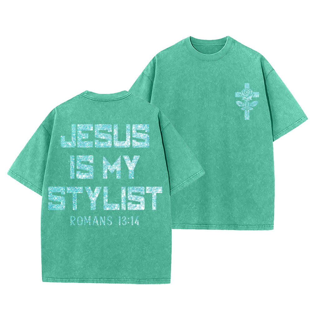 Christianartworkshop Gesù è il mio stilista Romani 13:14 Maglietta unisex lavata con lettere glitterate, rose e croce - Verde - 5XL - image 0