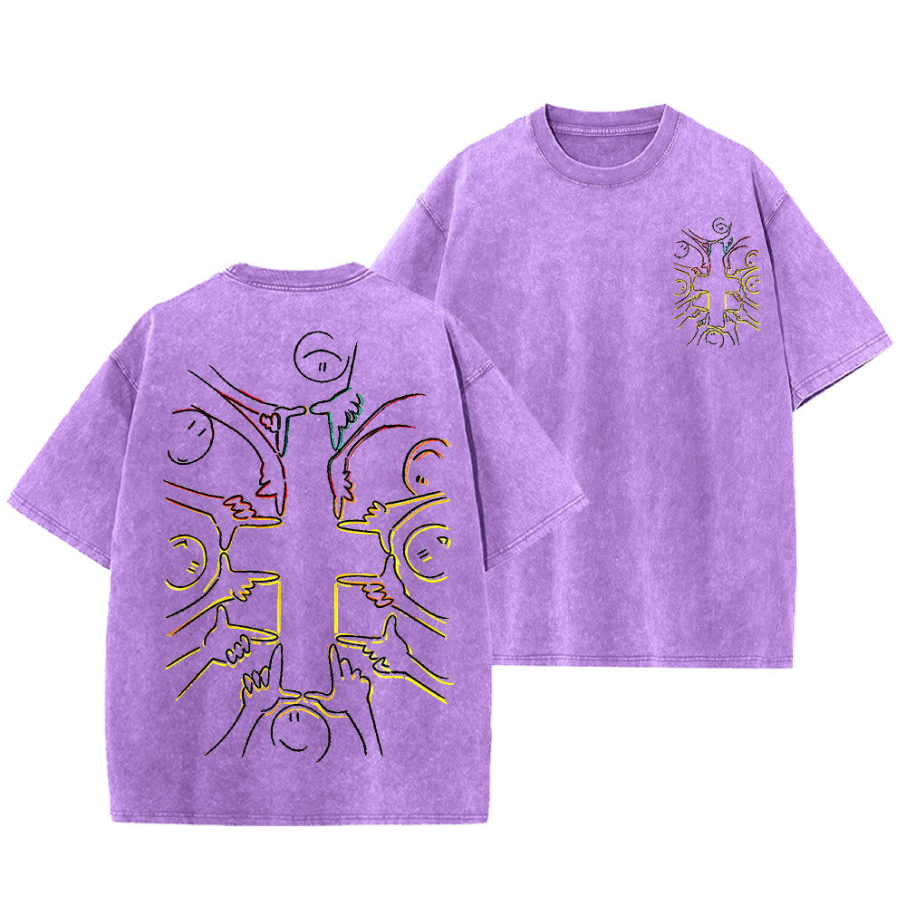 Christianartworkshop T-shirt unisex lavata con disegno a linea della figura umana e croce dell'unità - Viola - 5XL - image 15