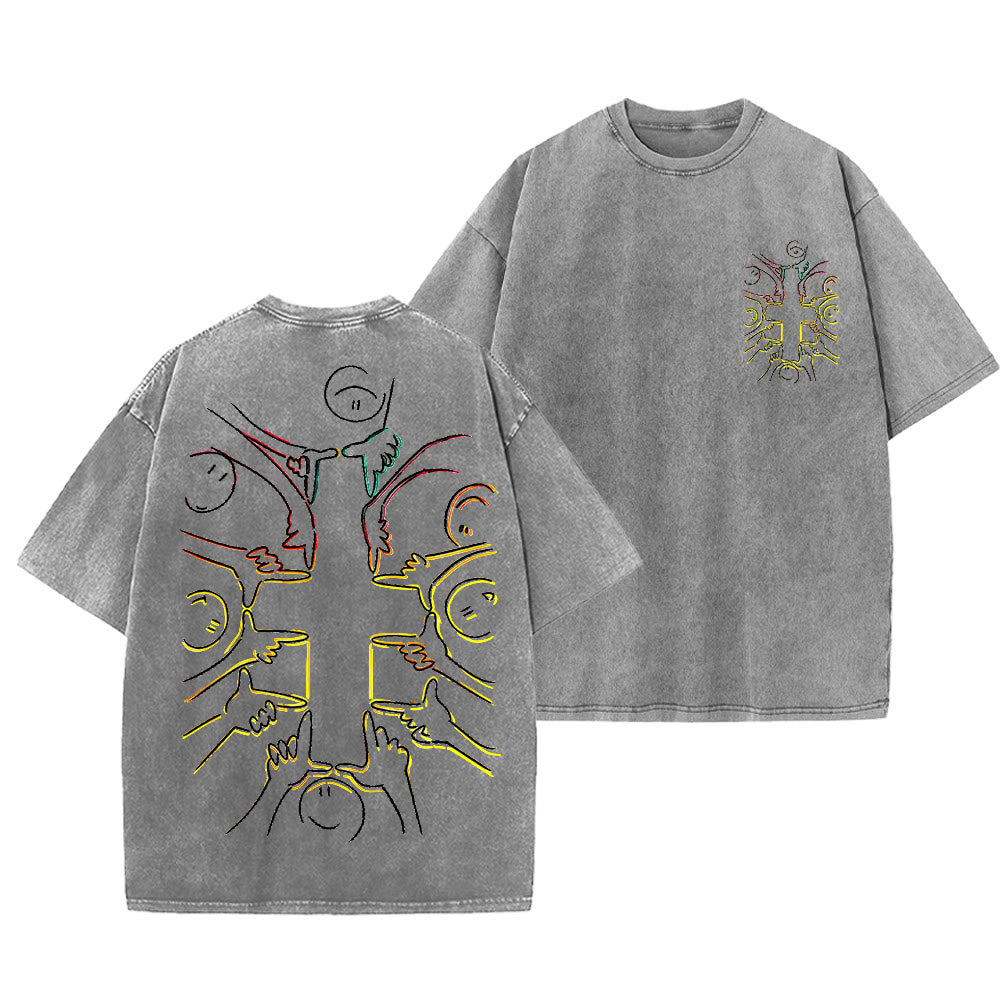 Christianartworkshop T-shirt unisex lavata con disegno a linea della figura umana e croce dell'unità - Grigio - 5XL - image 21