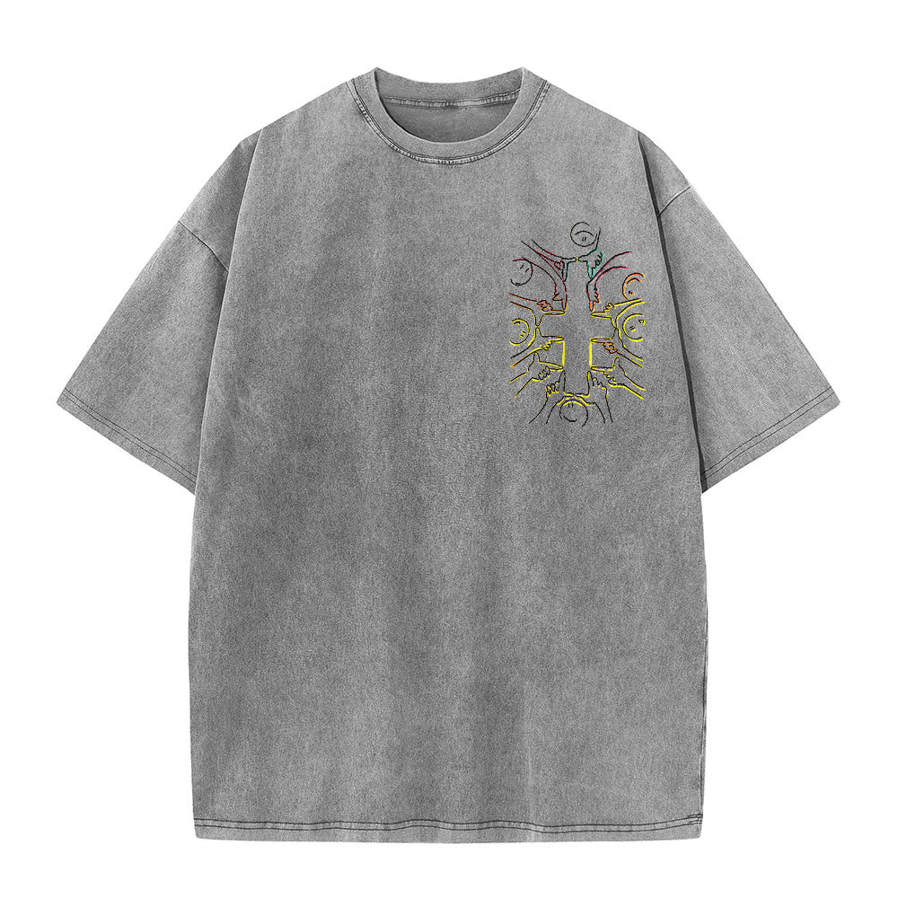 Christianartworkshop T-shirt unisex lavata con disegno a linea della figura umana e croce dell'unità - image 22
