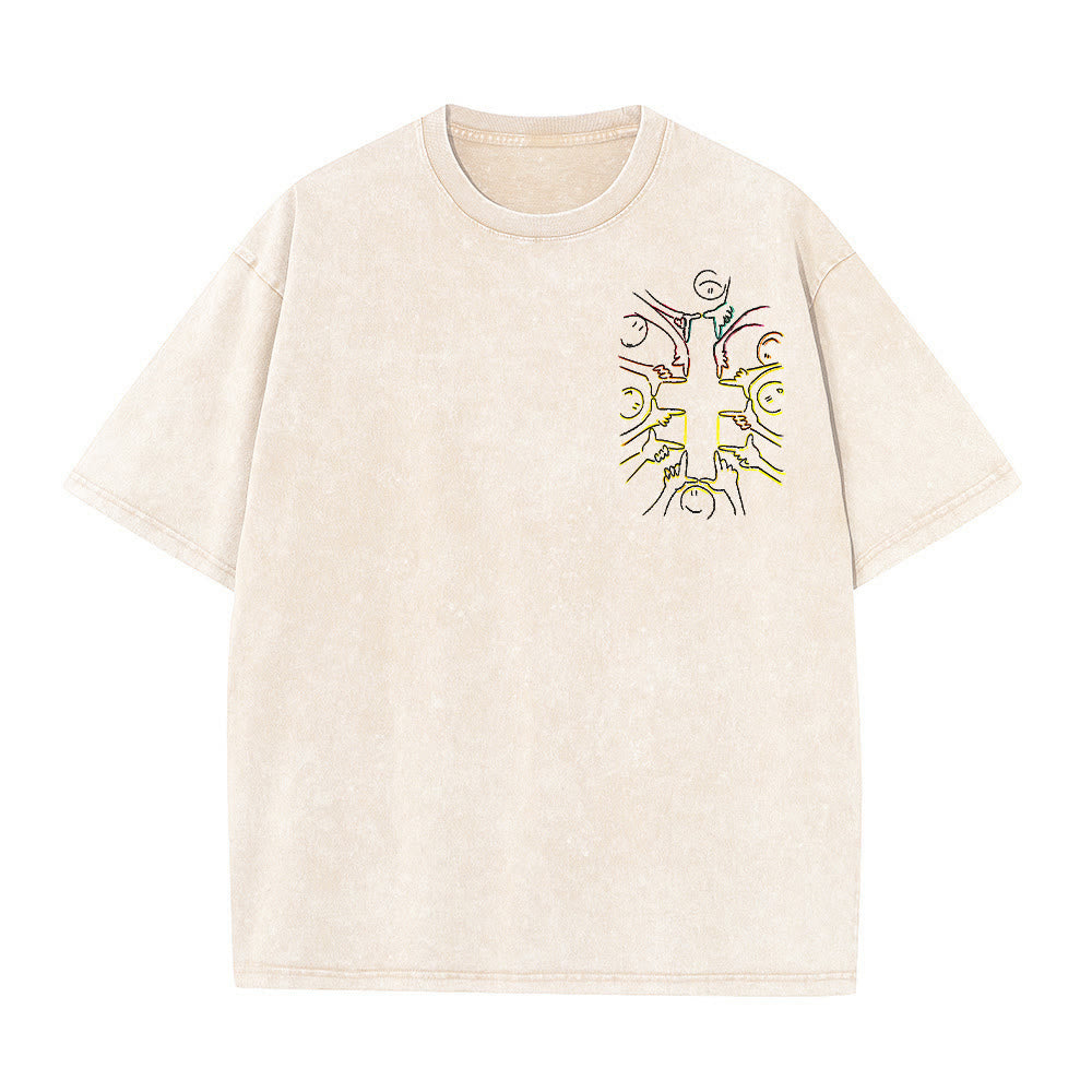 Christianartworkshop T-shirt unisex lavata con disegno a linea della figura umana e croce dell'unità - image 10