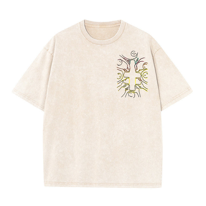 Christianartworkshop T-shirt unisex lavata con disegno a linea della figura umana e croce dell'unità - image 10