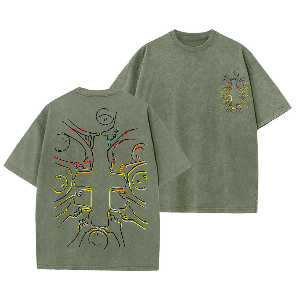 Christianartworkshop T-shirt unisex lavata con disegno a linea della figura umana e croce dell'unità - Verde militare - 5XL - image 0