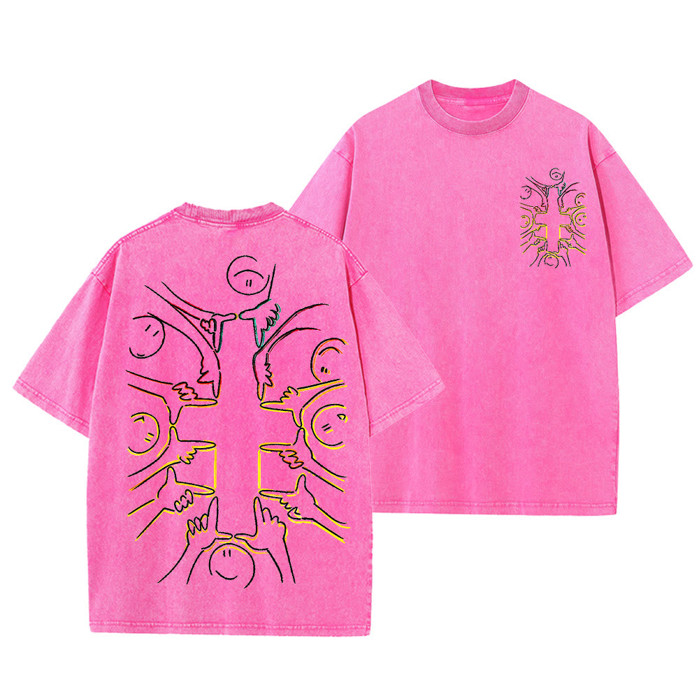 Christianartworkshop T-shirt unisex lavata con disegno a linea della figura umana e croce dell'unità - Rosa - 5XL - image 12