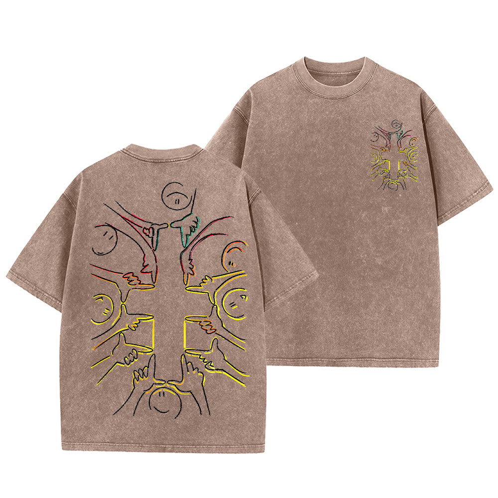 Christianartworkshop T-shirt unisex lavata con disegno a linea della figura umana e croce dell'unità - Marrone - 5XL - image 6