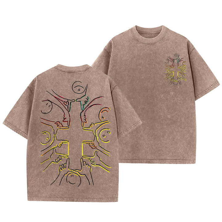 Christianartworkshop T-shirt unisex lavata con disegno a linea della figura umana e croce dell'unità - Marrone - 5XL - image 6