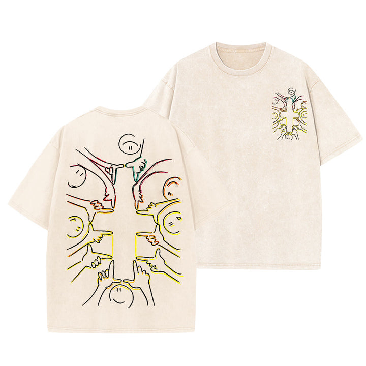 Christianartworkshop T-shirt unisex lavata con disegno a linea della figura umana e croce dell'unità - Beige - 5XL - image 9