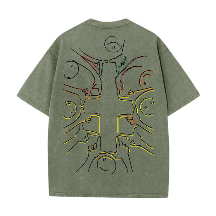 Christianartworkshop T-shirt unisex lavata con disegno a linea della figura umana e croce dell'unità - image 2