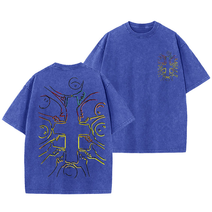 Christianartworkshop T-shirt unisex lavata con disegno a linea della figura umana e croce dell'unità - Blu - 5XL - image 18