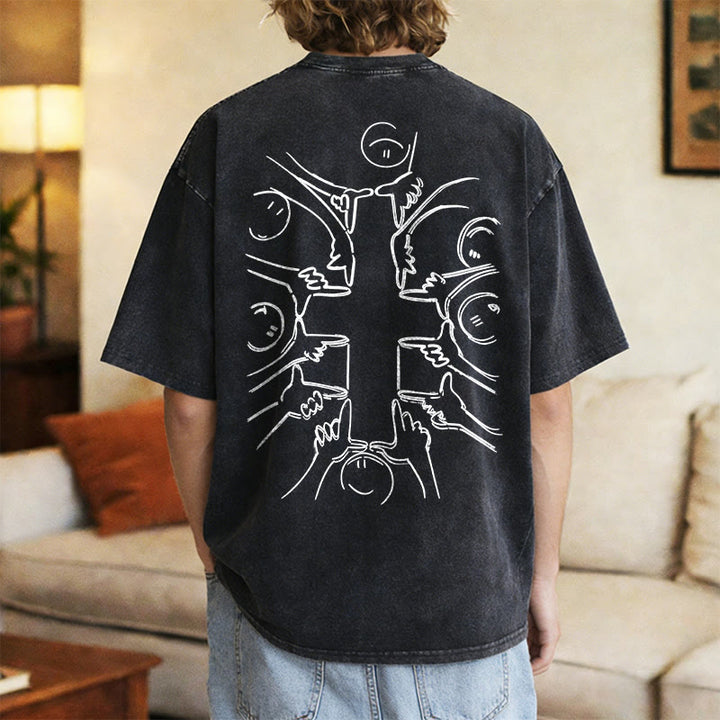 Christianartworkshop T-shirt unisex lavata con disegno a linea della figura umana e croce dell'unità - image 28