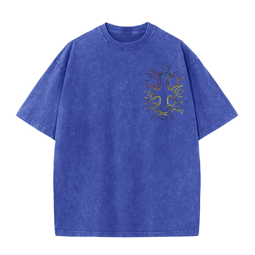 Christianartworkshop T-shirt unisex lavata con disegno a linea della figura umana e croce dell'unità - image 19