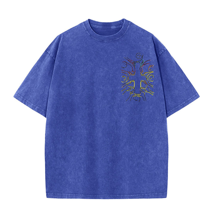 Christianartworkshop T-shirt unisex lavata con disegno a linea della figura umana e croce dell'unità - image 19