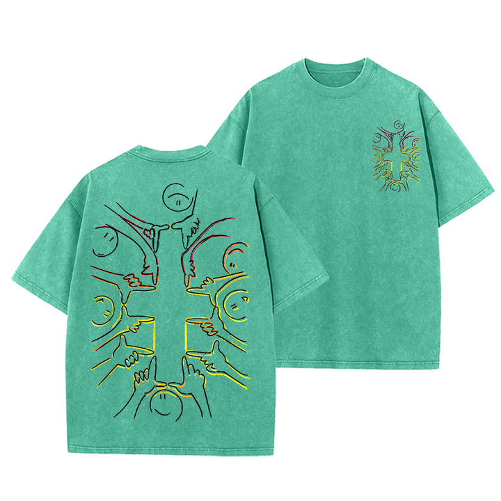 Christianartworkshop T-shirt unisex lavata con disegno a linea della figura umana e croce dell'unità - Verde - 5XL - image 3