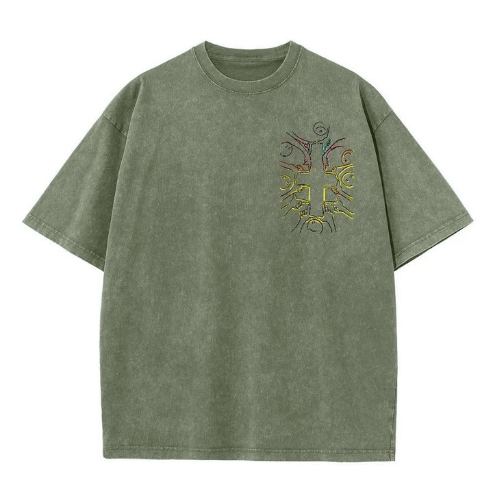 Christianartworkshop T-shirt unisex lavata con disegno a linea della figura umana e croce dell'unità - image 1
