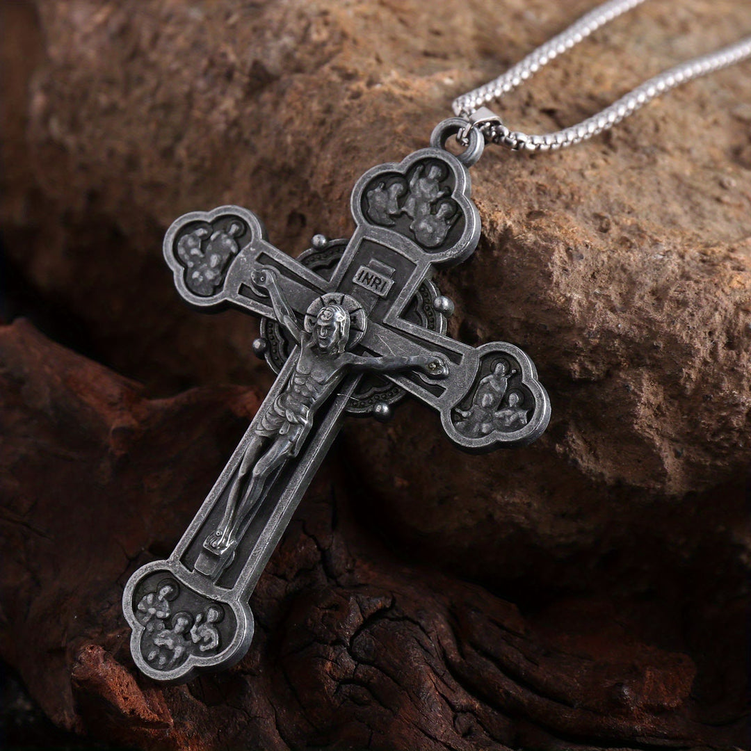 Collana con catena a maglie e crocifisso decorato con silhouette di Gesù, realizzata Christianartworkshop : un simbolo della redenzione di Cristo. - 70 cm - image 0