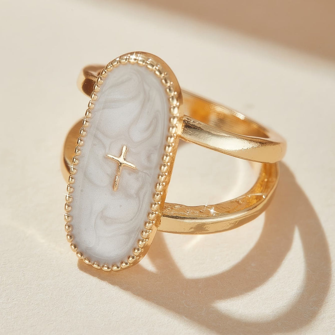 Christianartworkshop Anello a doppia fascia con decorazione a croce e smalto: simbolo di fede e stile discreti. - Bianco (adatto alle taglie US 7 - US 10) - image 0